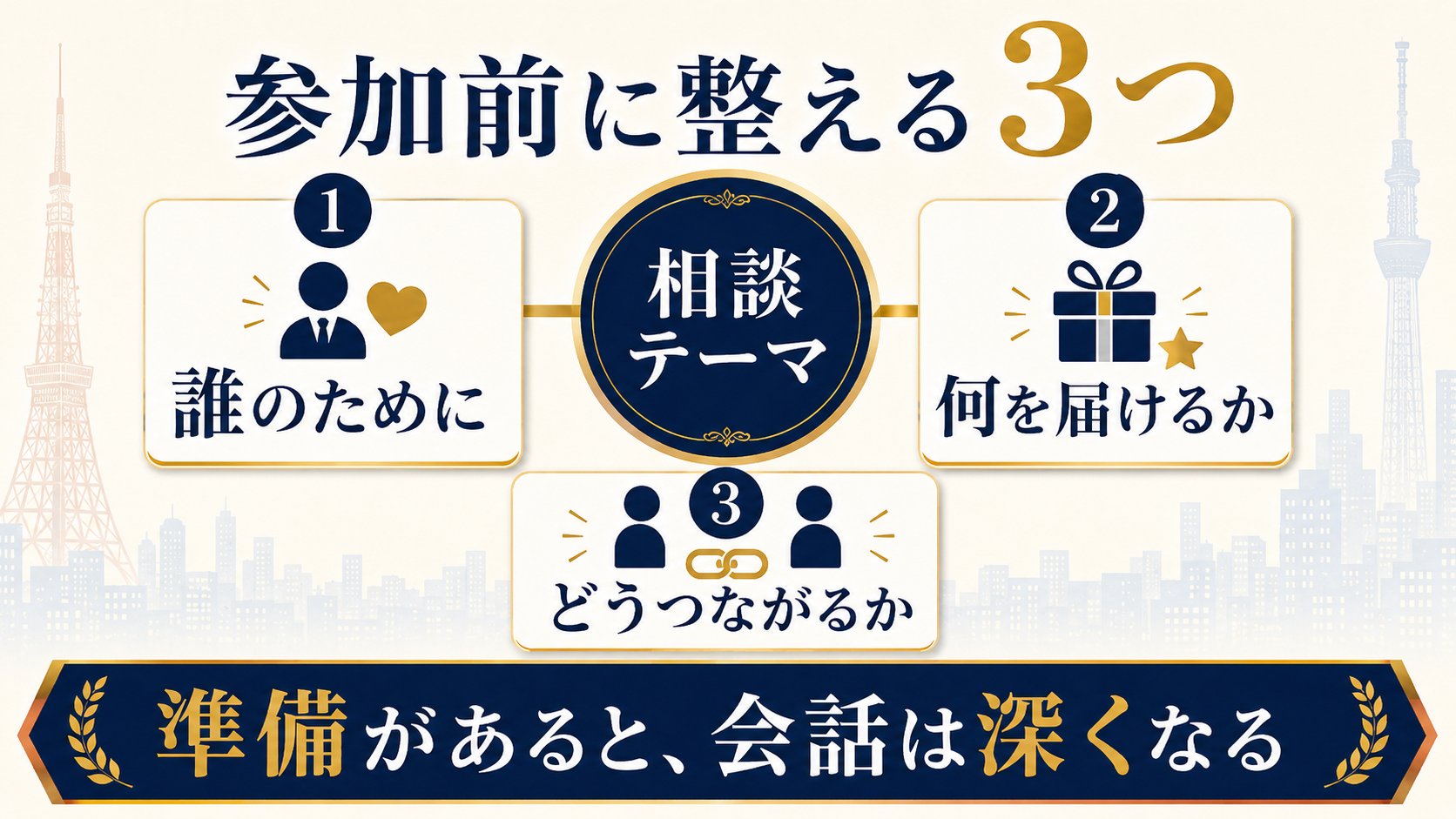 東京のビジネスイベント参加前に準備することの図解