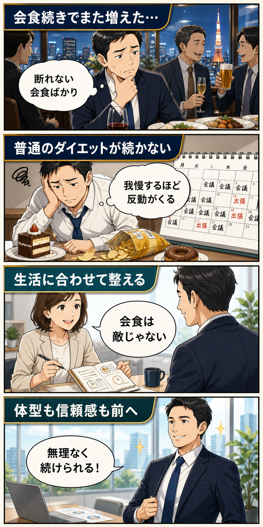 4コマでわかる:会食を敵にしない体型管理