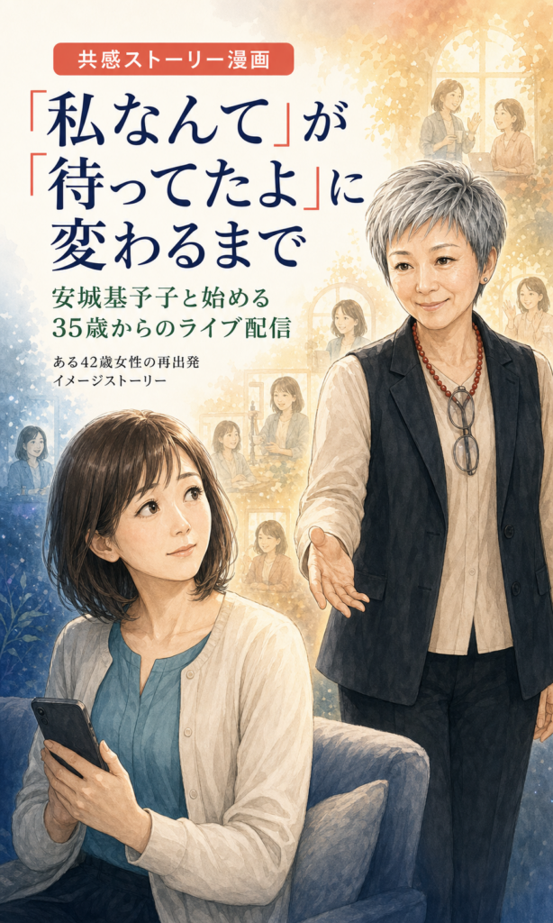 安城基予子さんと35歳からのライブ配信を始める共感ストーリー漫画 1ページ目