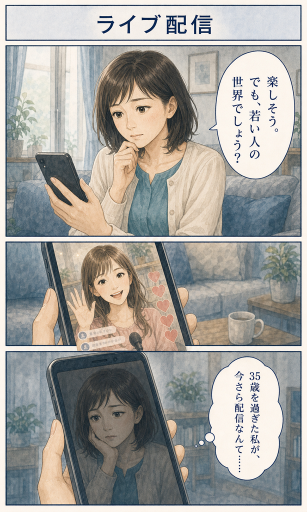 安城基予子さんと35歳からのライブ配信を始める共感ストーリー漫画 3ページ目