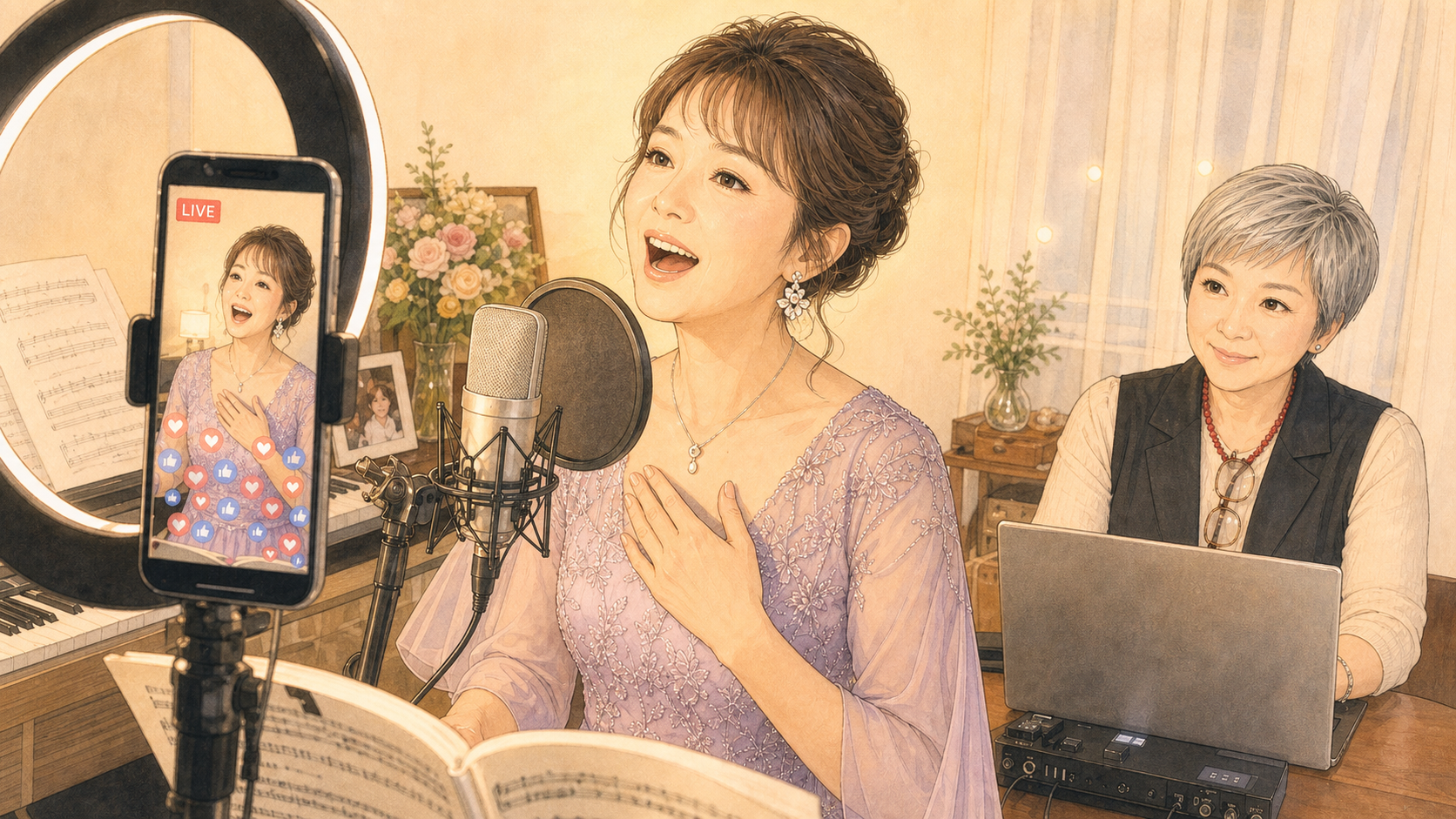 ライブ配信で歌うソプラノ歌手と配信を支える安城基予子さん PC版