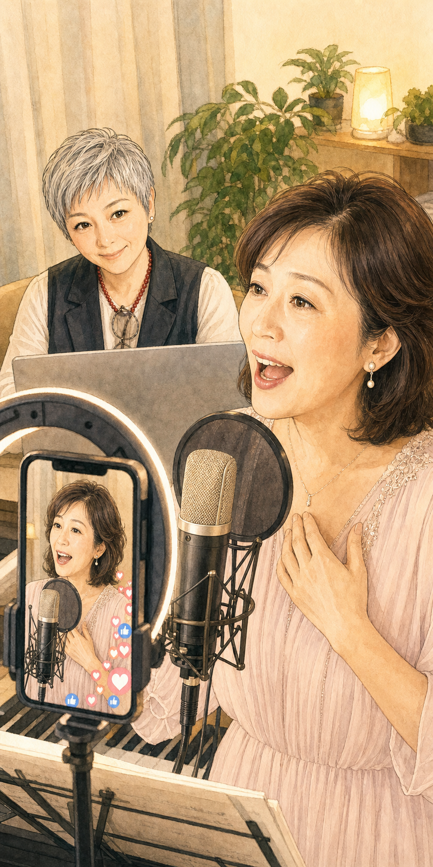ライブ配信で歌うソプラノ歌手と配信を支える安城基予子さん スマホ版