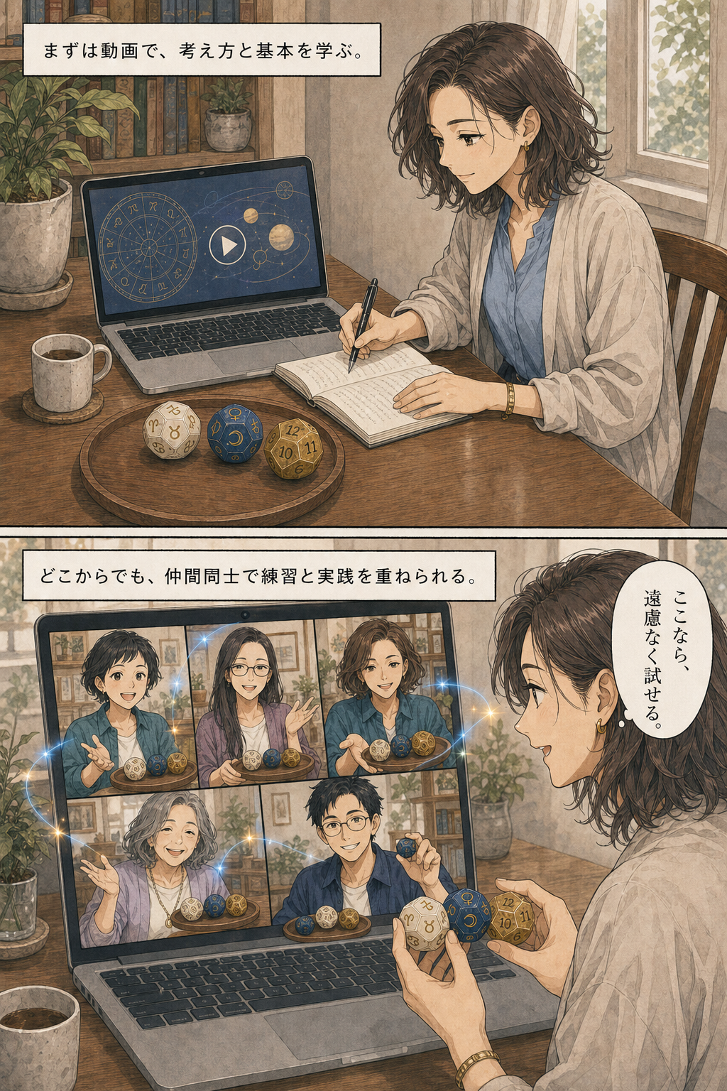 動画で基本を学び、年代も顔立ちも異なる仲間とオンラインでアストロダイスを実践する様子