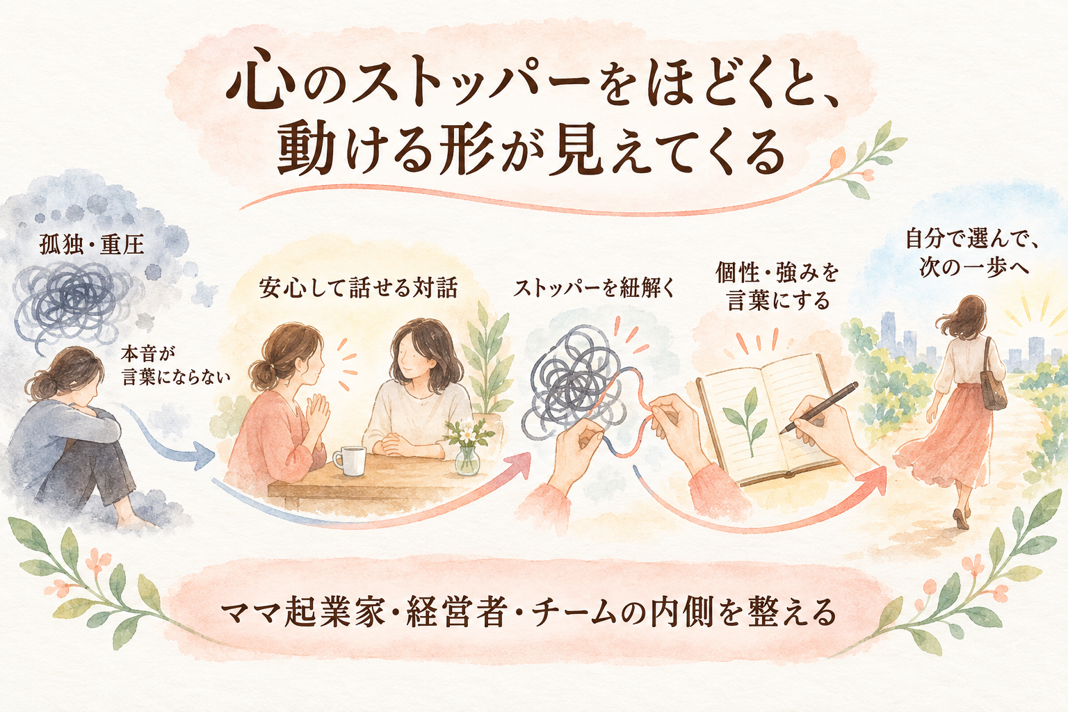 孤独や重圧から、安心して話せる対話を経て、次の一歩へ進む流れ