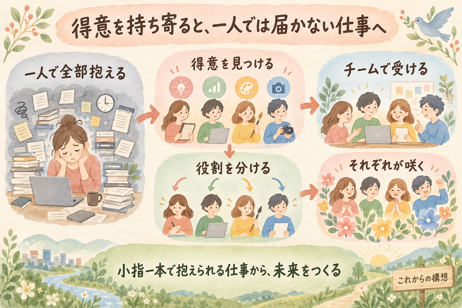一人で抱える状態から、得意を見つけて役割を分け、チームで受け、それぞれが咲く流れ