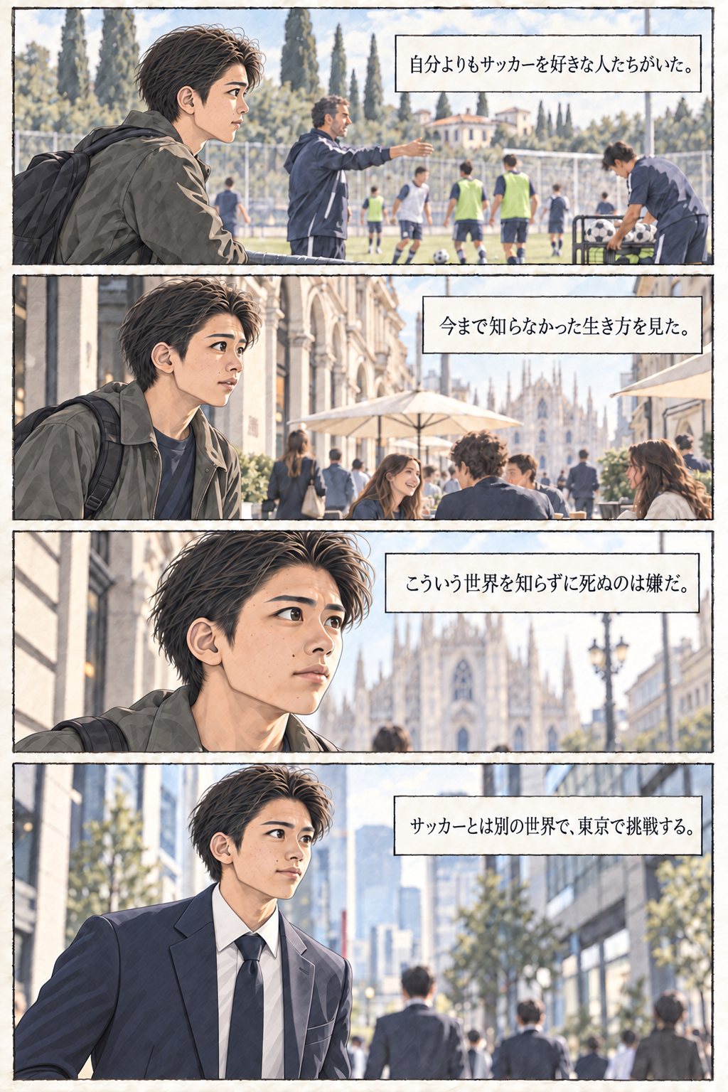イタリアで新しい生き方を知り、東京で挑戦することを決めた川畑丈さんの4コマ漫画