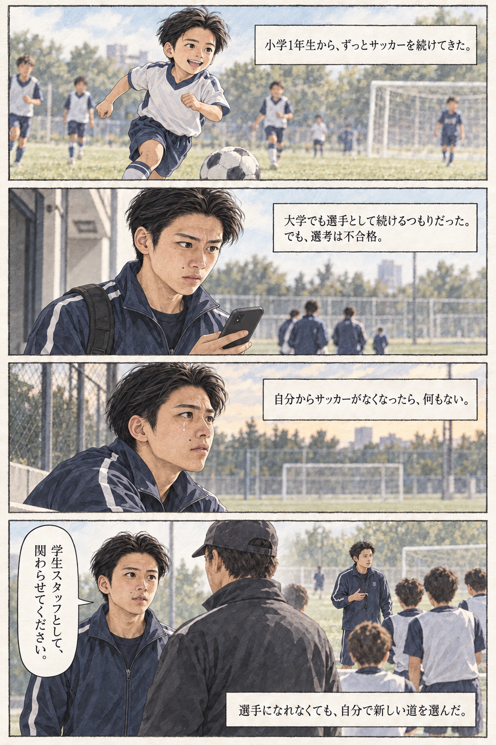 サッカー選手の道を離れ、学生スタッフとして新しい道を選んだ川畑丈さんの4コマ漫画
